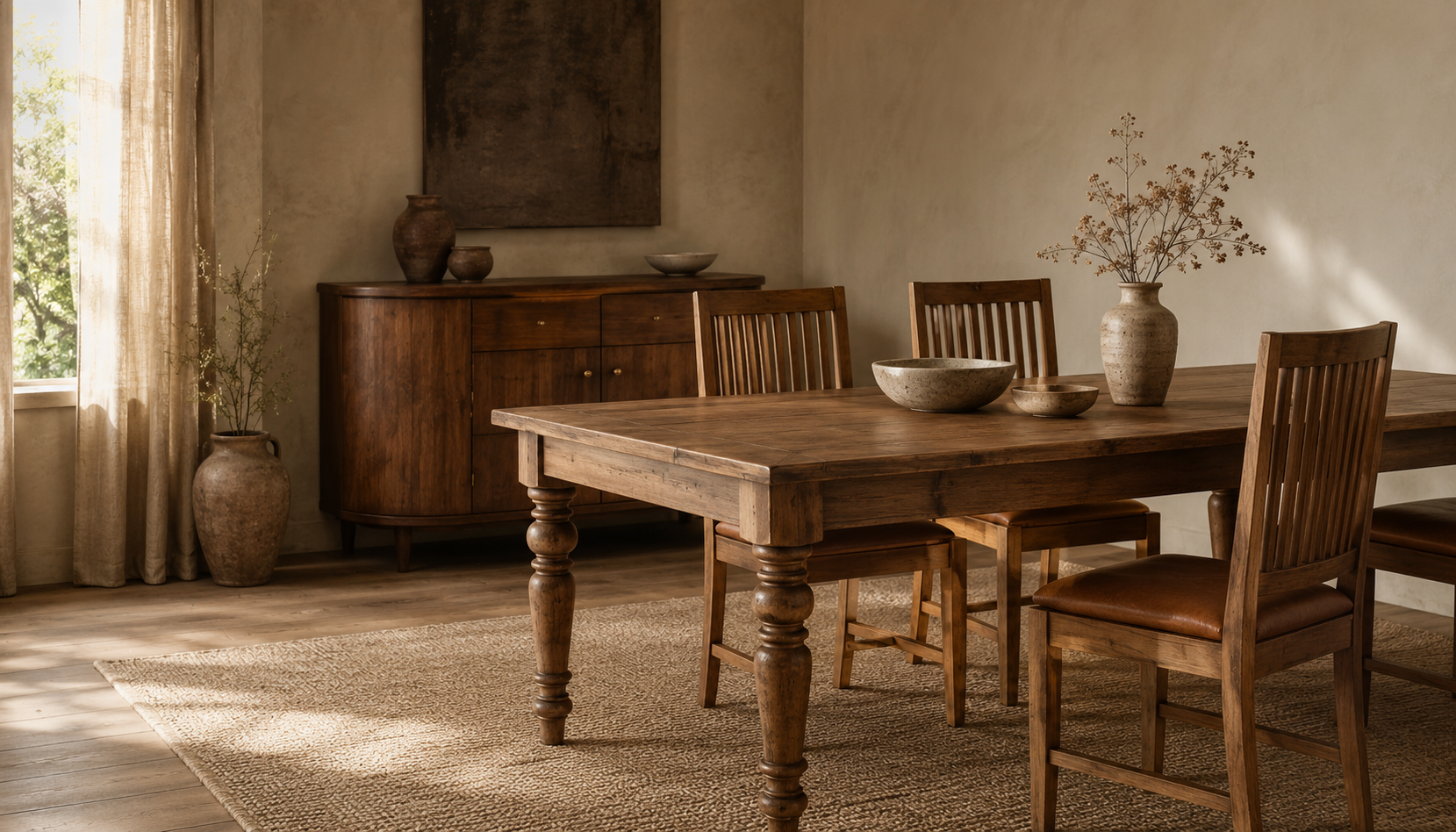 Warm editorial dining room with a solid wood table, slatted wooden chairs, woven rug and chestnut sideboard, styled with neutral ceramics, dried stems and soft natural light.