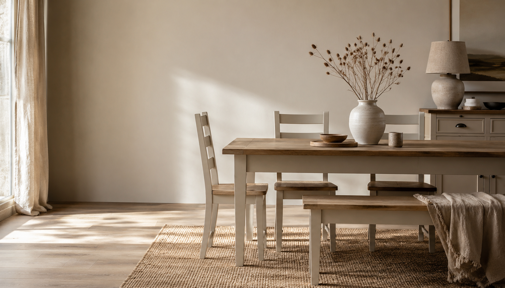 A softly lit dining room featuring a solid wood table with warm natural grain, neutral painted chairs, a matching bench, dried stems in a ceramic vase, linen textiles and a woven rug, creating a timeless handcrafted interiors feel.