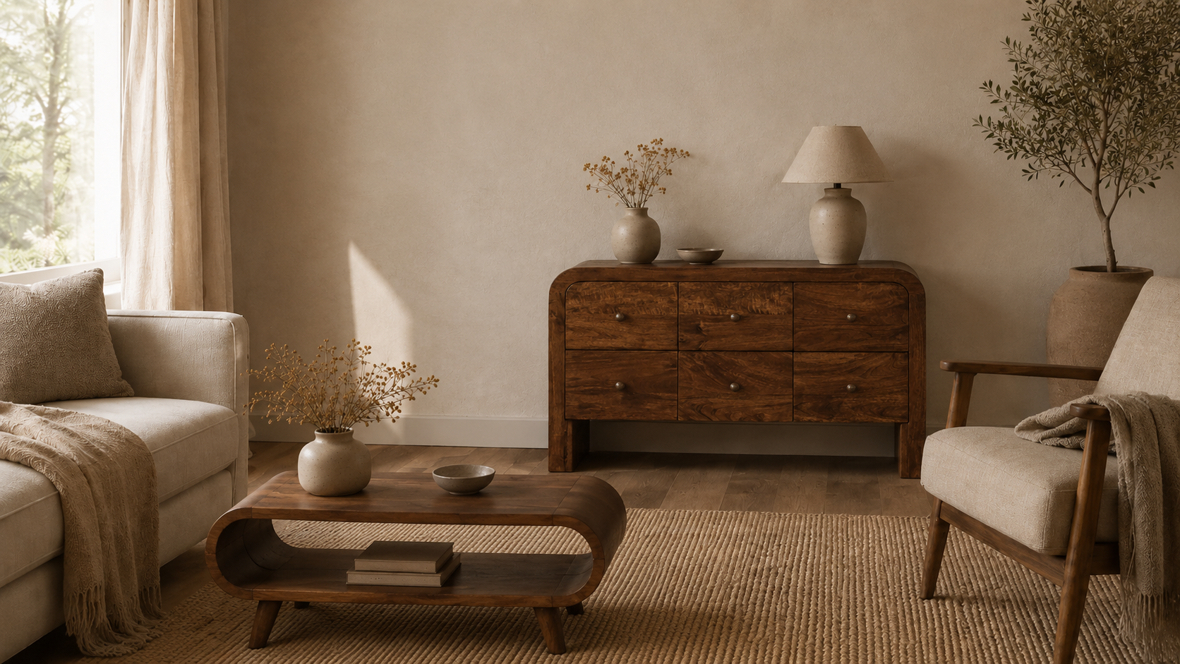 Warm neutral living room with a cream sofa, woven rug, wooden armchair, curved solid wood coffee table, and matching chest of drawers against the wall, styled with ceramic lamps, dried stems, linen textures, and soft natural daylight.