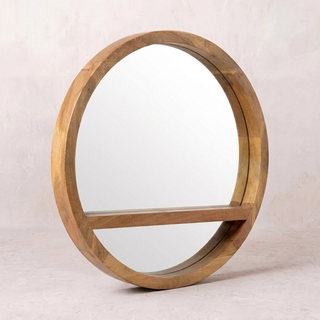 Wooden Round Mirror with 1 Shelf