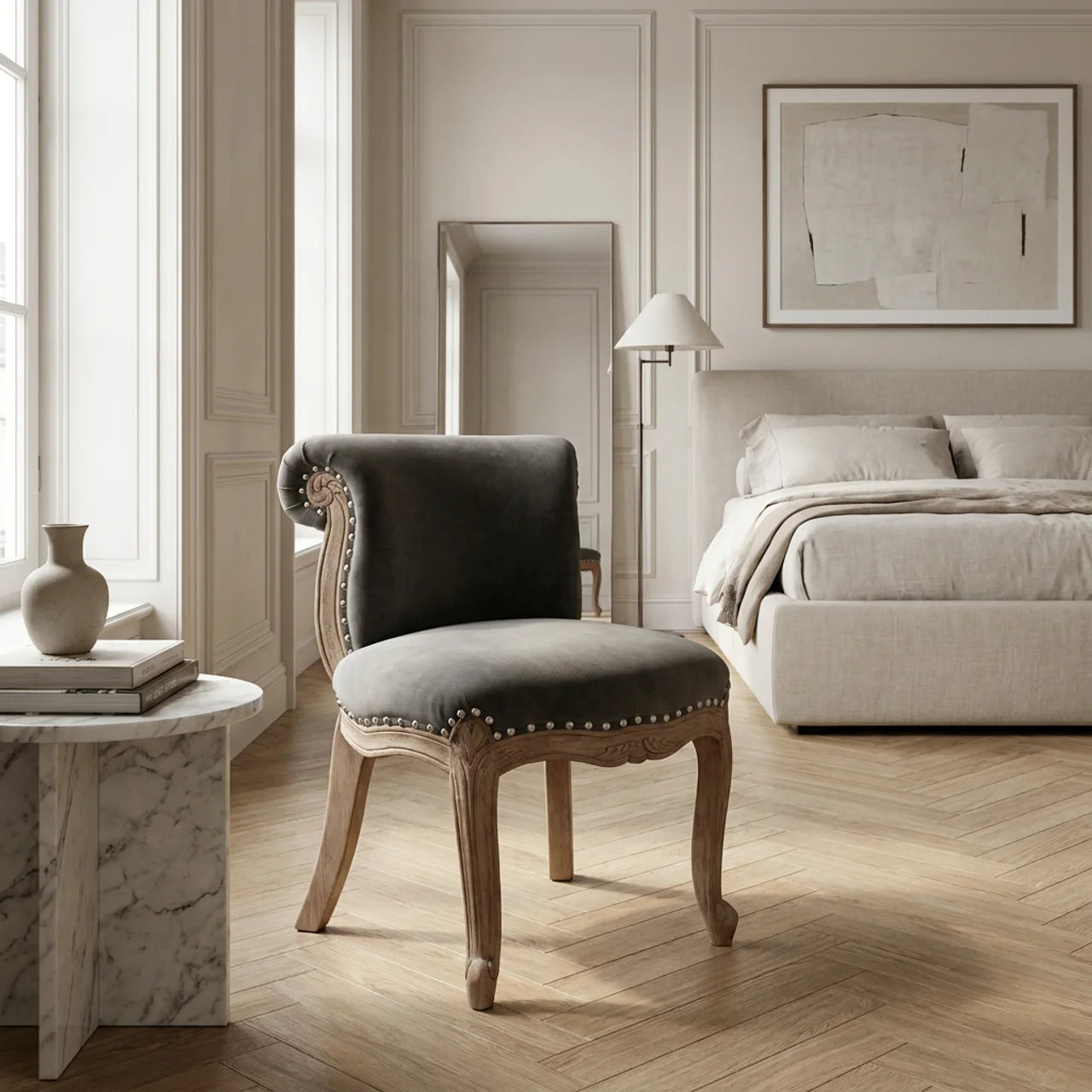 Grey Velvet Studded Chair