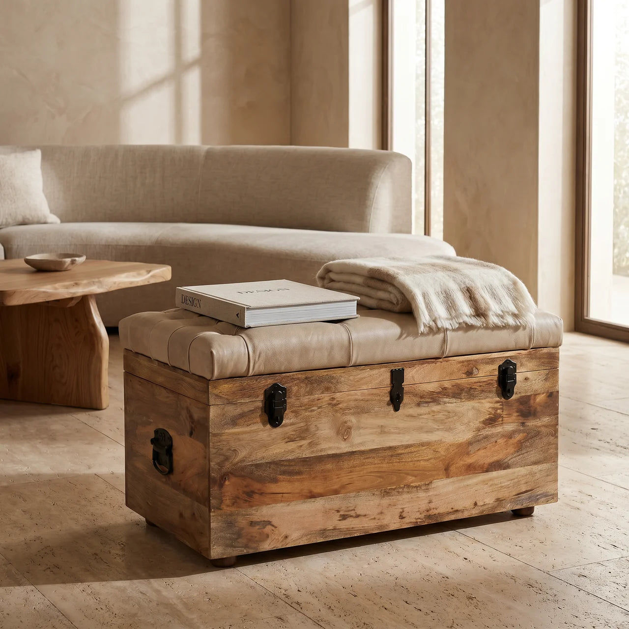 Beige Buffalo hide leather Storage Trunk