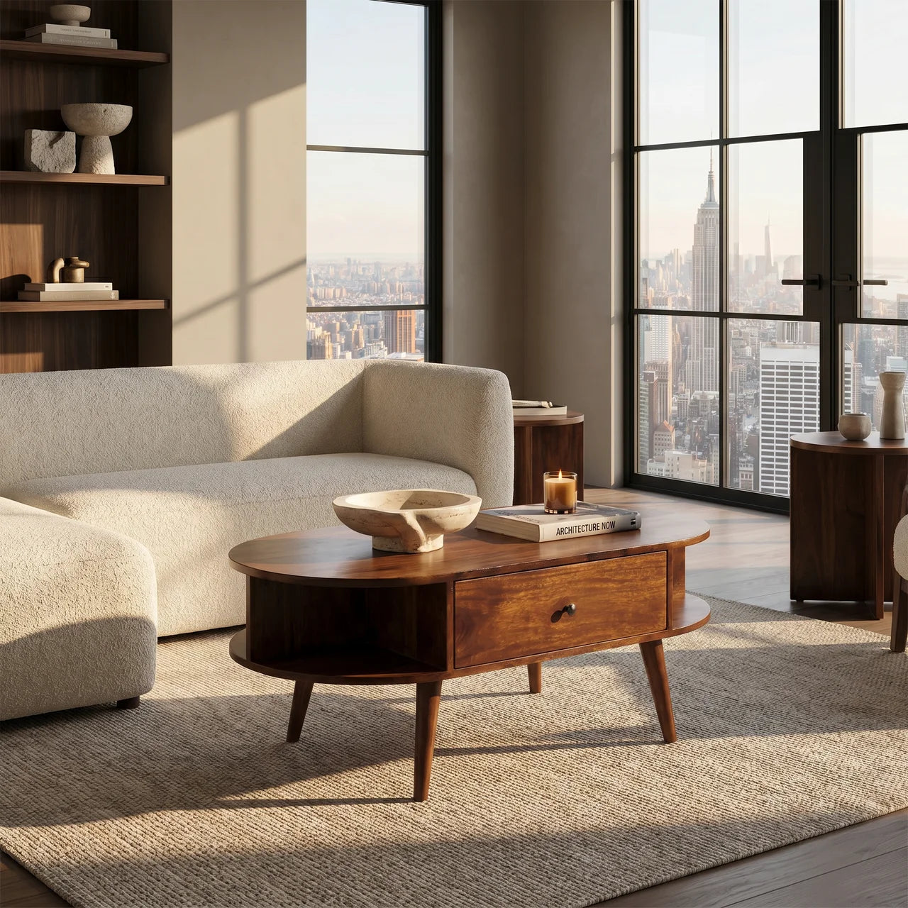 Chestnut Oval Coffee Table with 2 Drawer