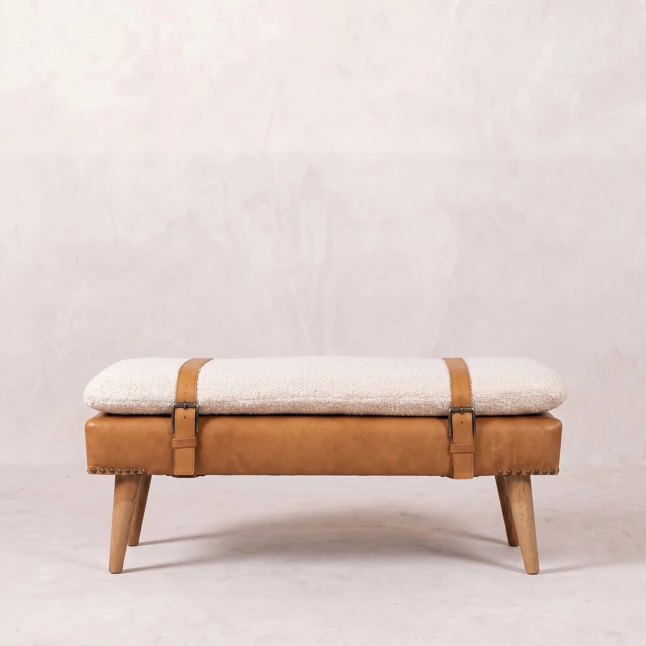 Bouclé Buffalo Hide Tan Leather Bench