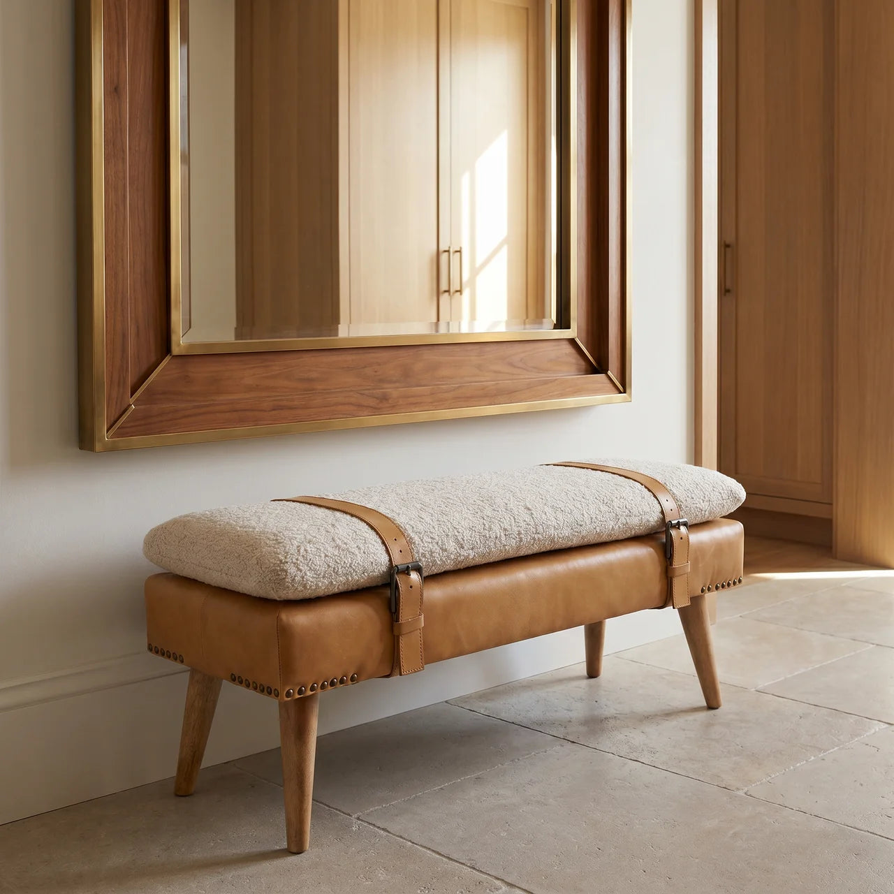 Bouclé Buffalo Hide Tan Leather Bench