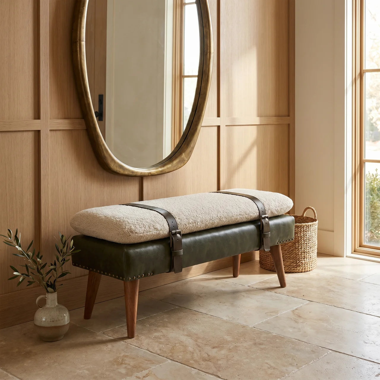 Bouclé Buffalo Hide Olive Green Leather Bench