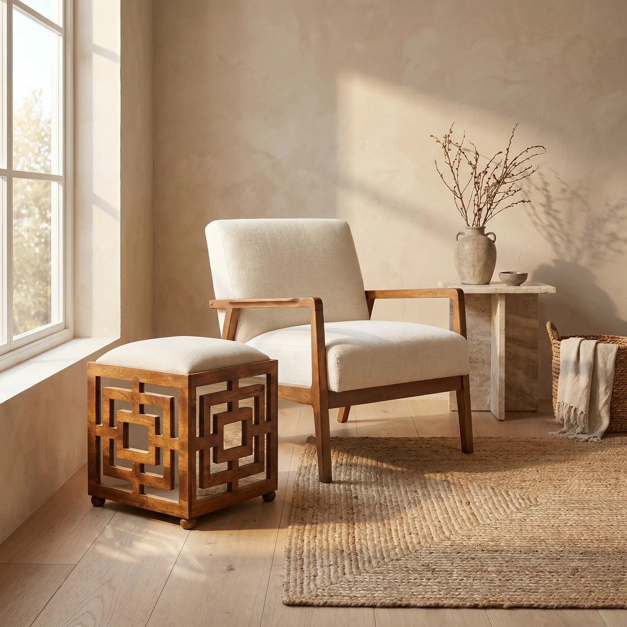 Carved Linen Seat Footstool