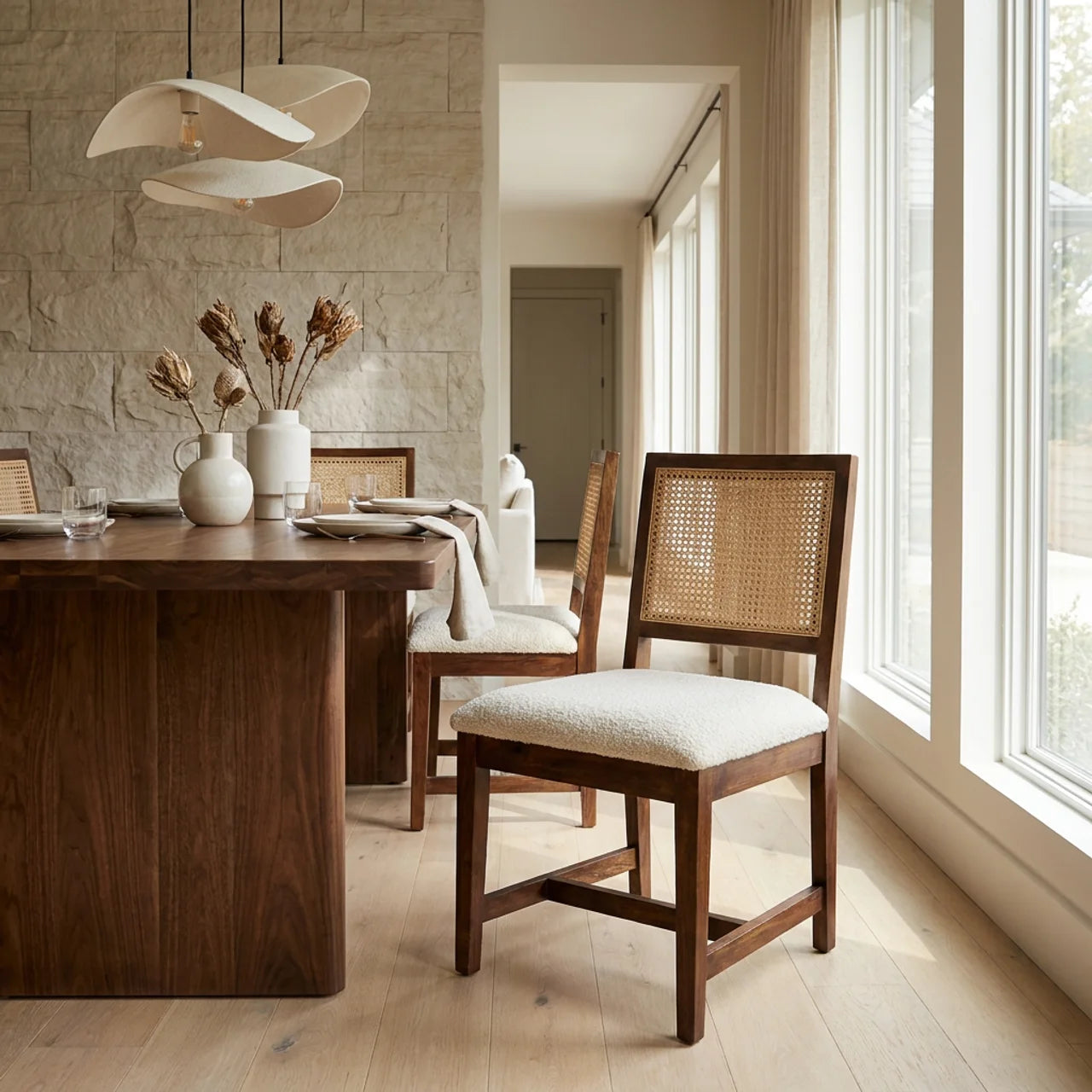 Cream Boucle Rattan Chair