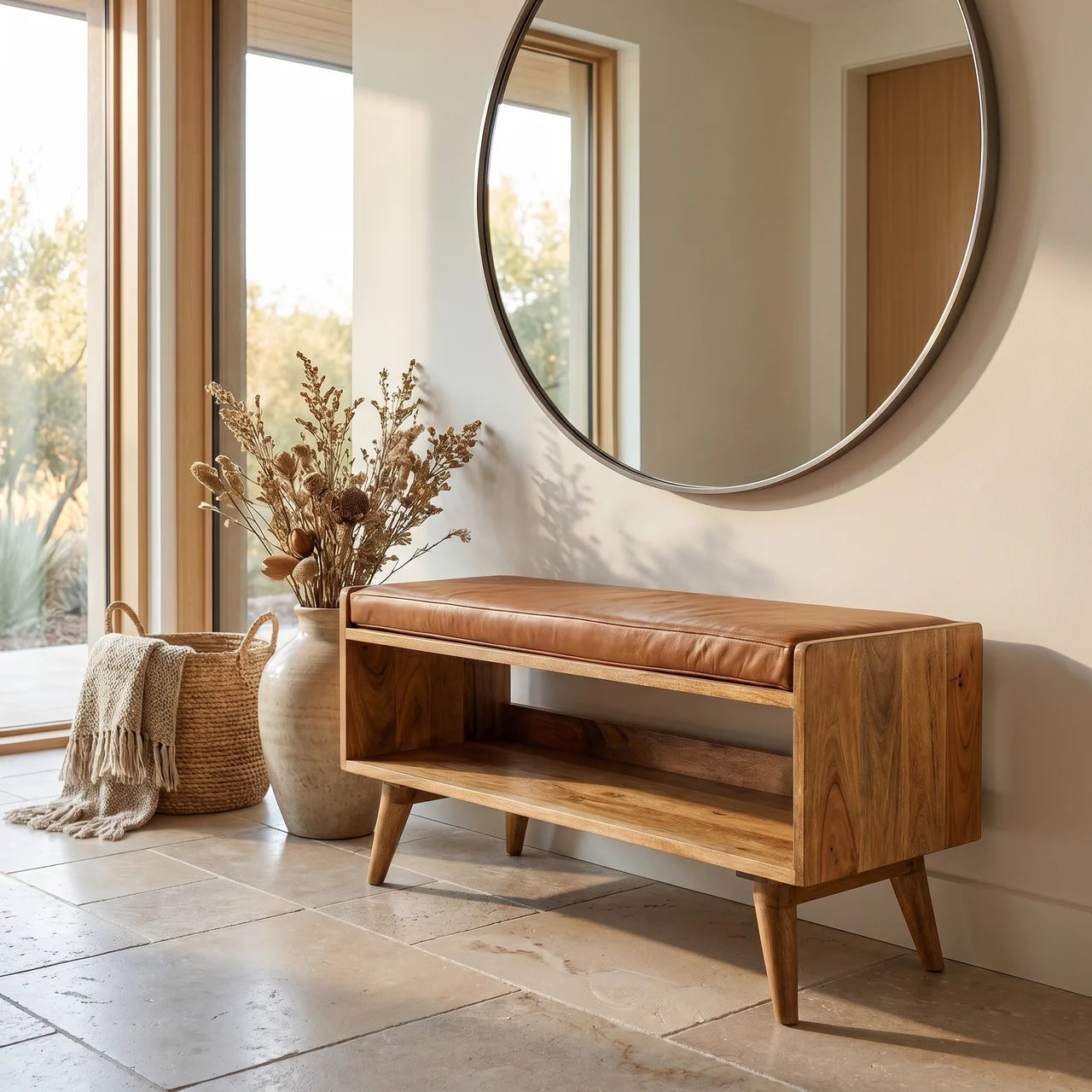 Oak-ish Bench with Tan Leather Seatpad