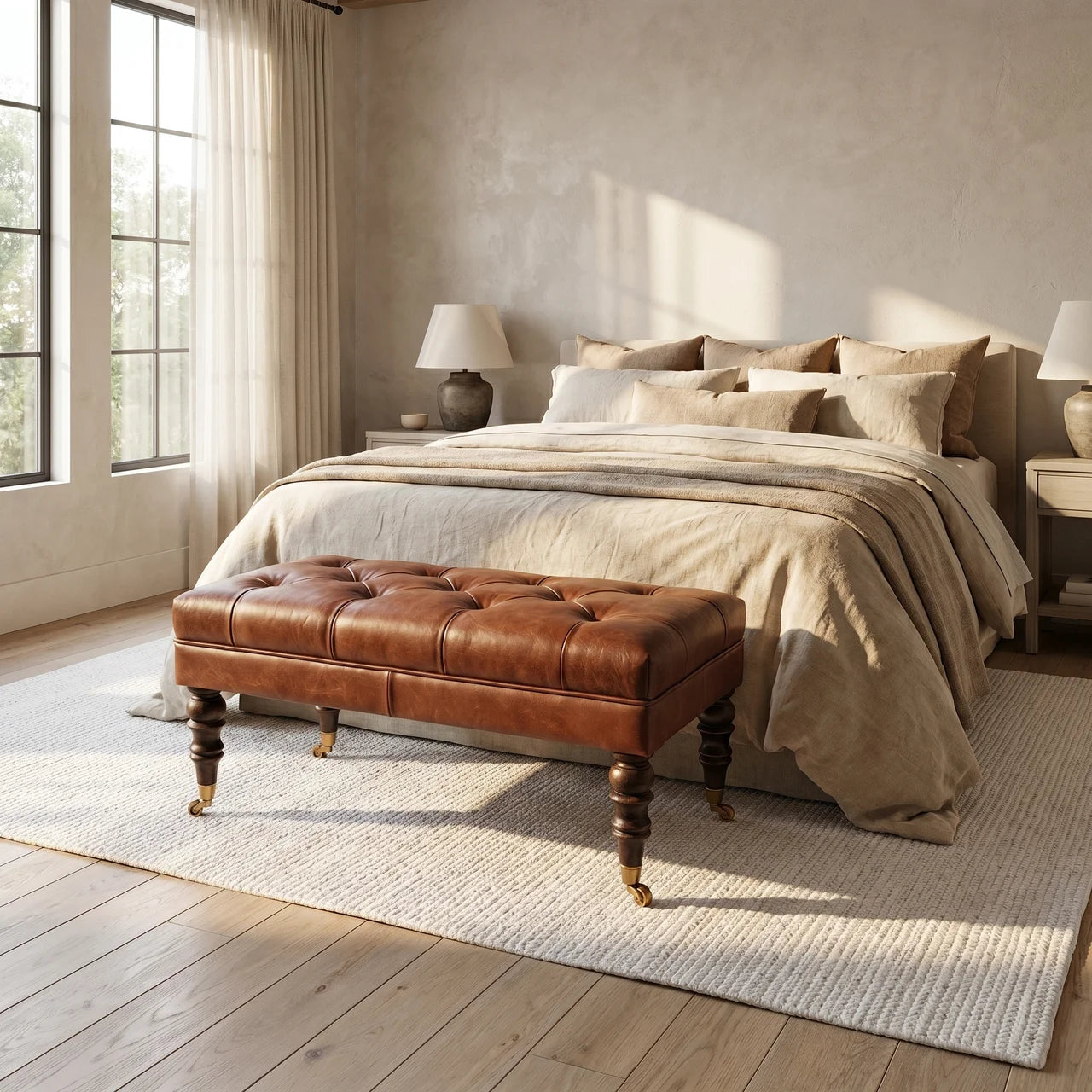 Buffalo Brown Leather Ottoman with Castor Legs