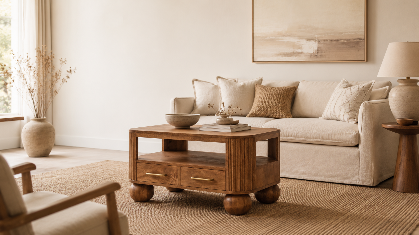 Calm neutral living room with a solid wood coffee table featuring rounded ball feet, fluted corner detailing, open shelving and two drawers, styled with ceramic decor in front of a cream sofa, woven rug and soft 