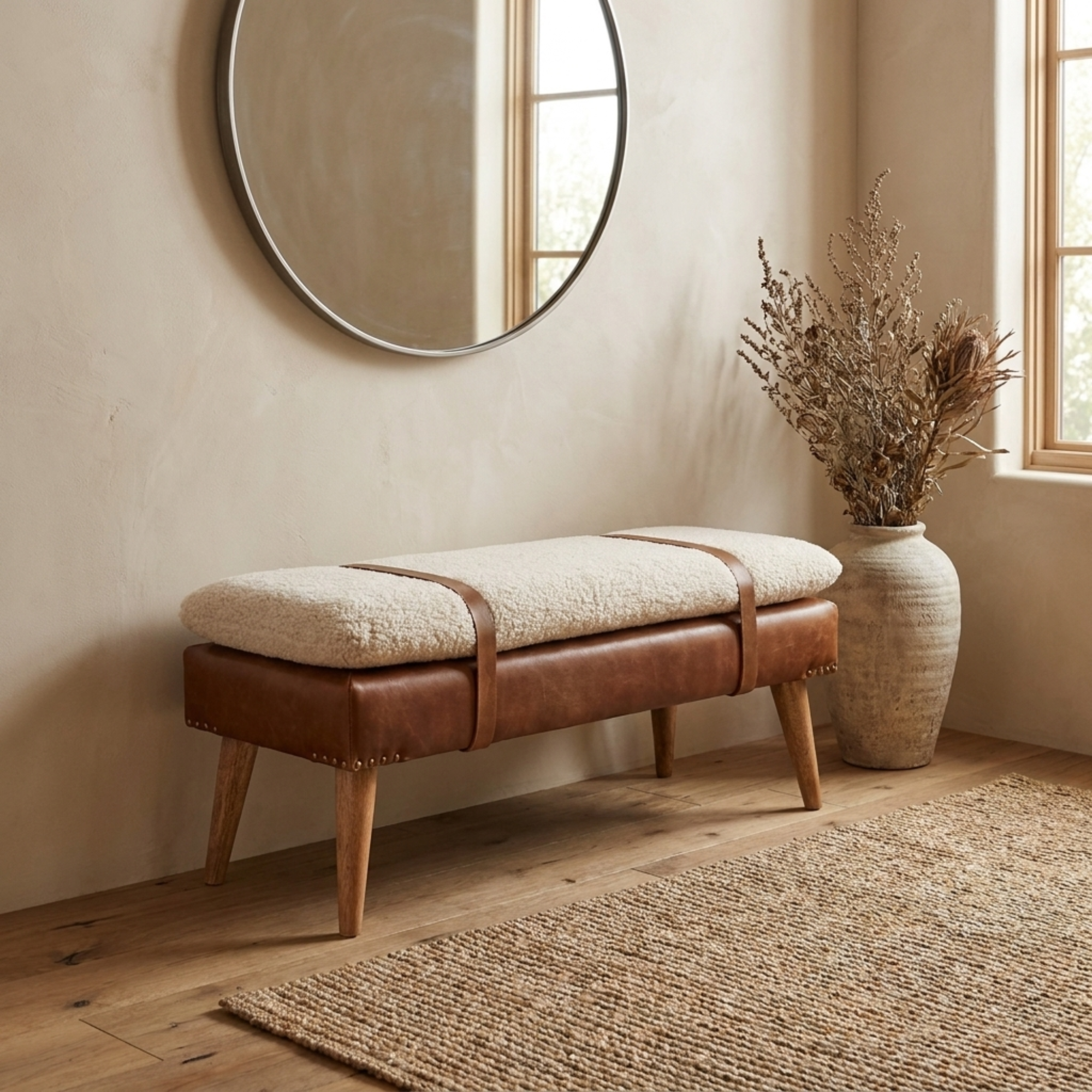 Boucle Buffalo Hide Leather Bench