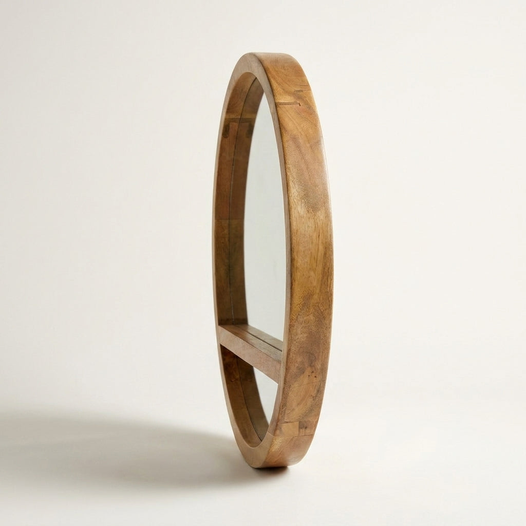 Wooden Round Mirror with 1 Shelf