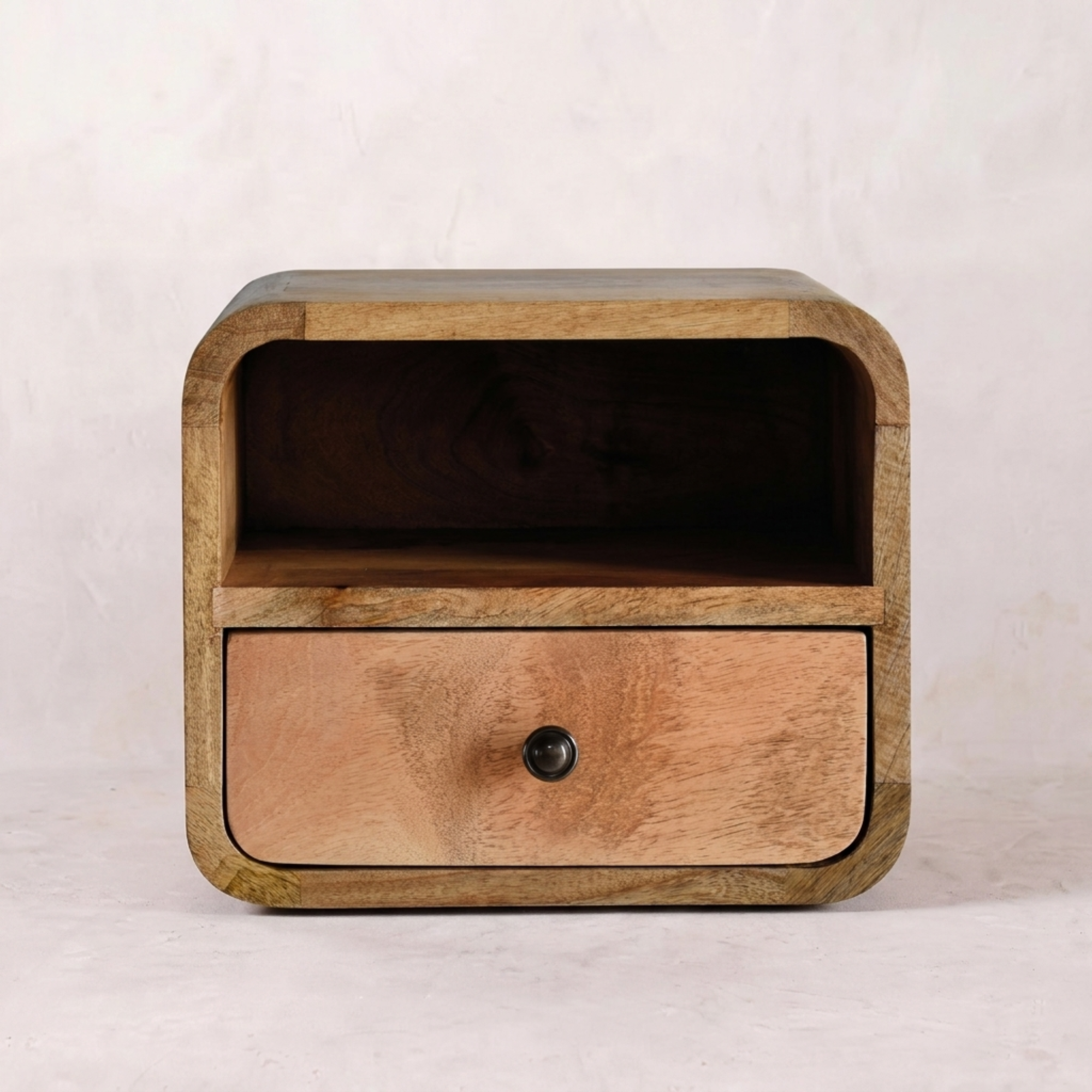 Extra Mini Wall Mounted Curved Oak-ish Bedside with Open Slot