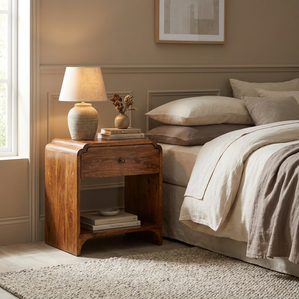 Newton Nightstand — Solid Mango Wood, Chestnut Finish