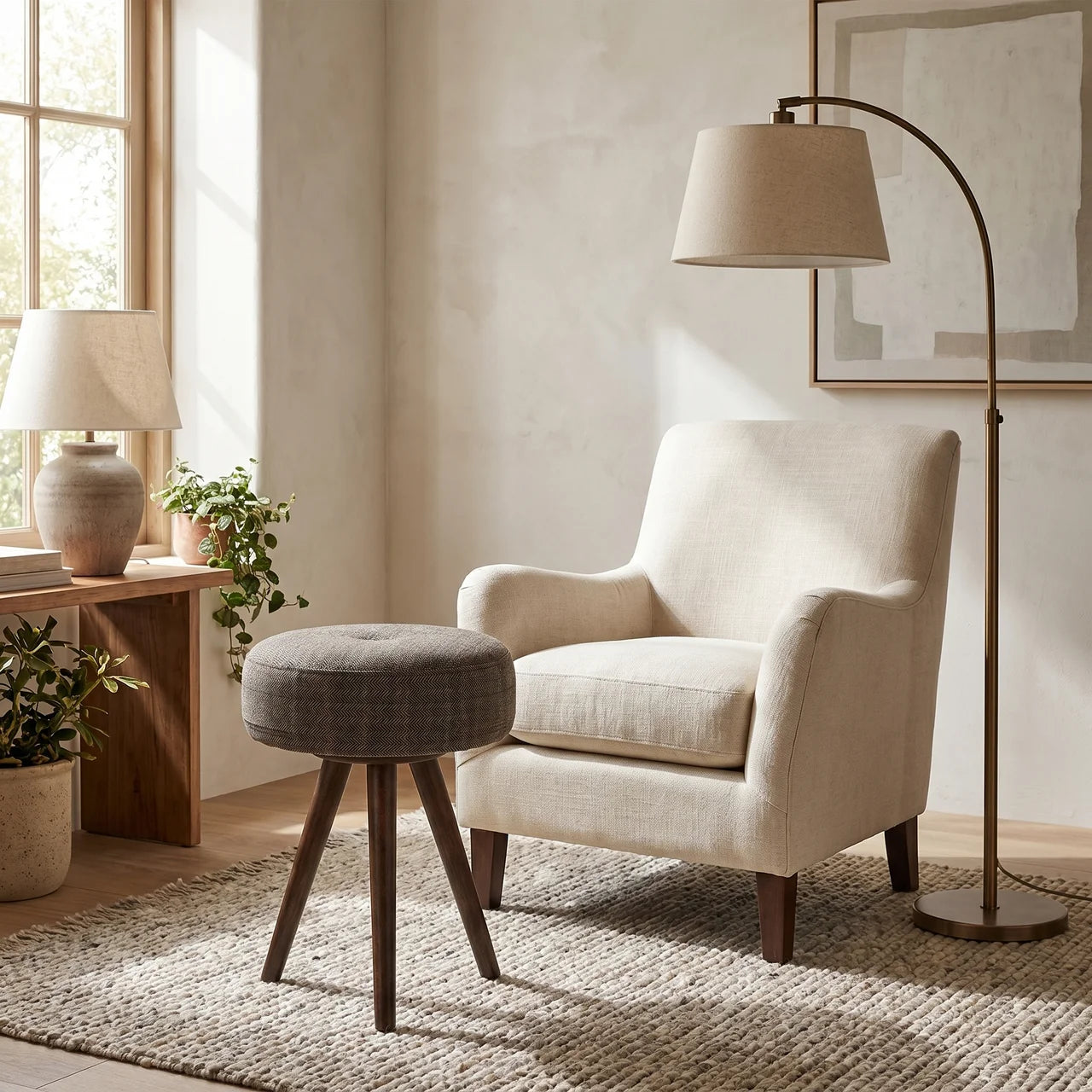 Tripod Stool with Tweed Seat Pad