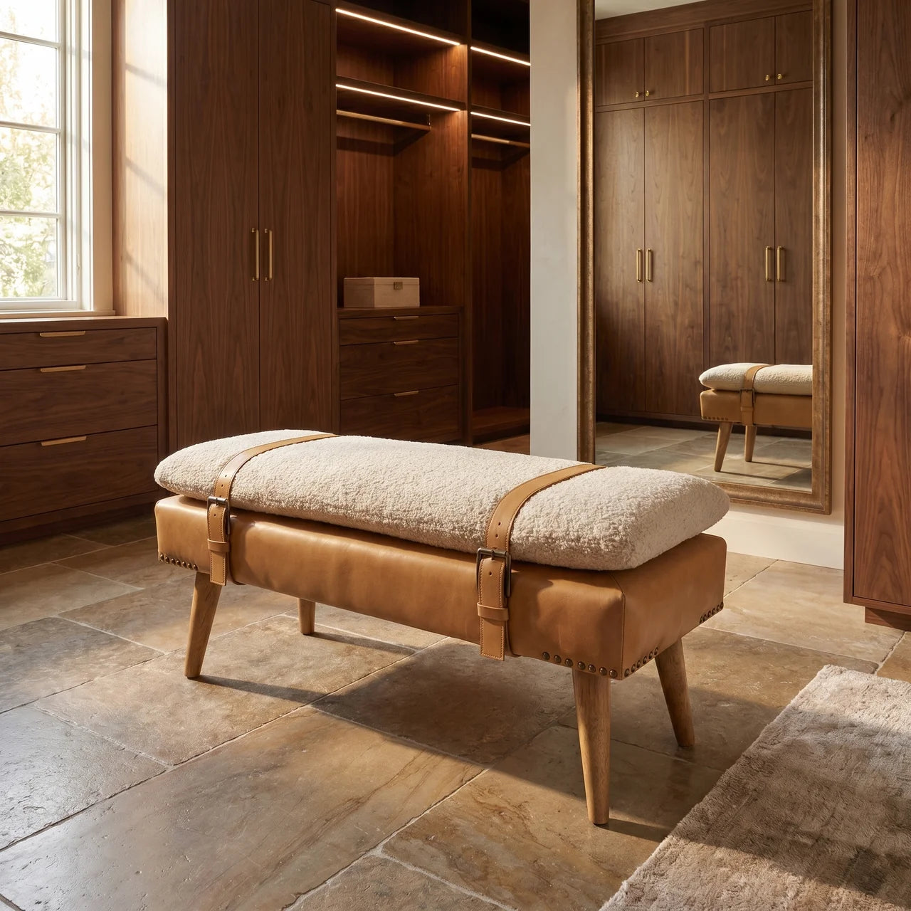 Bouclé Buffalo Hide Tan Leather Bench
