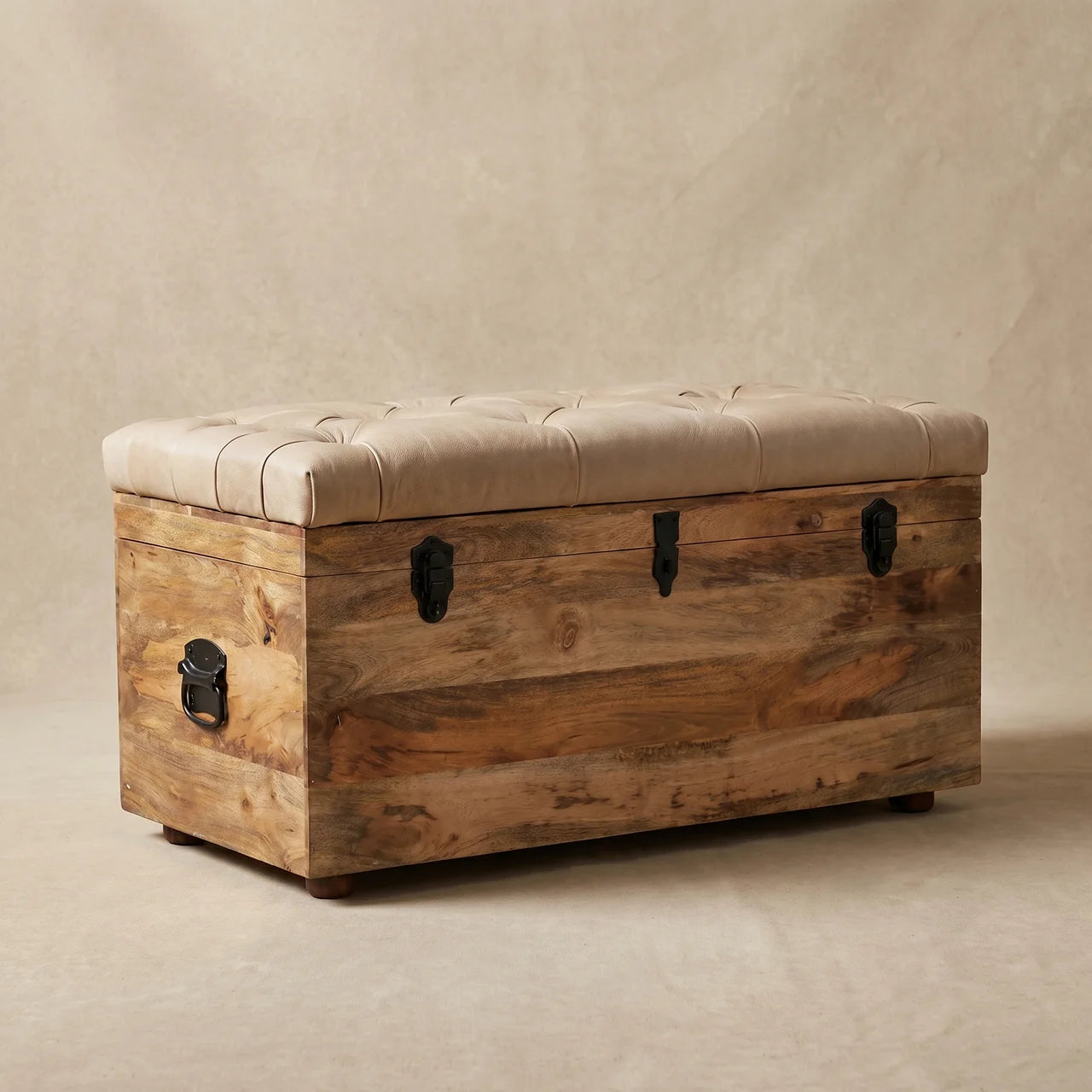 Beige Buffalo Leather Storage Trunk in Solid Mango Wood