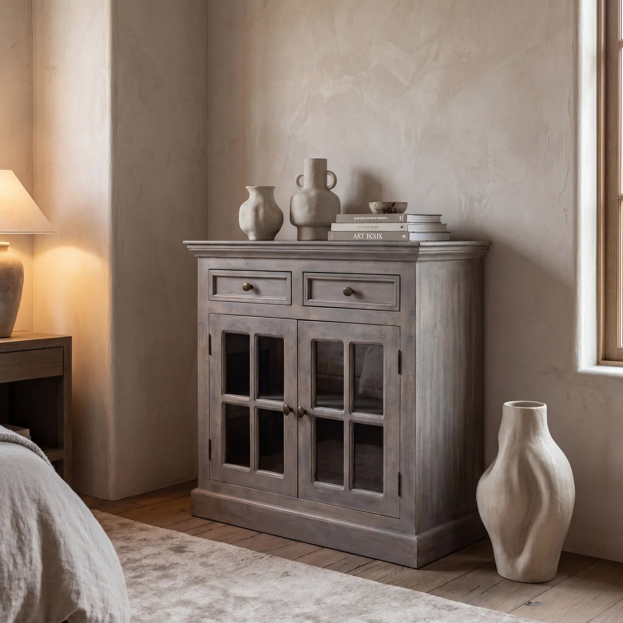Stone Finish Cabinet with Glazed Doors