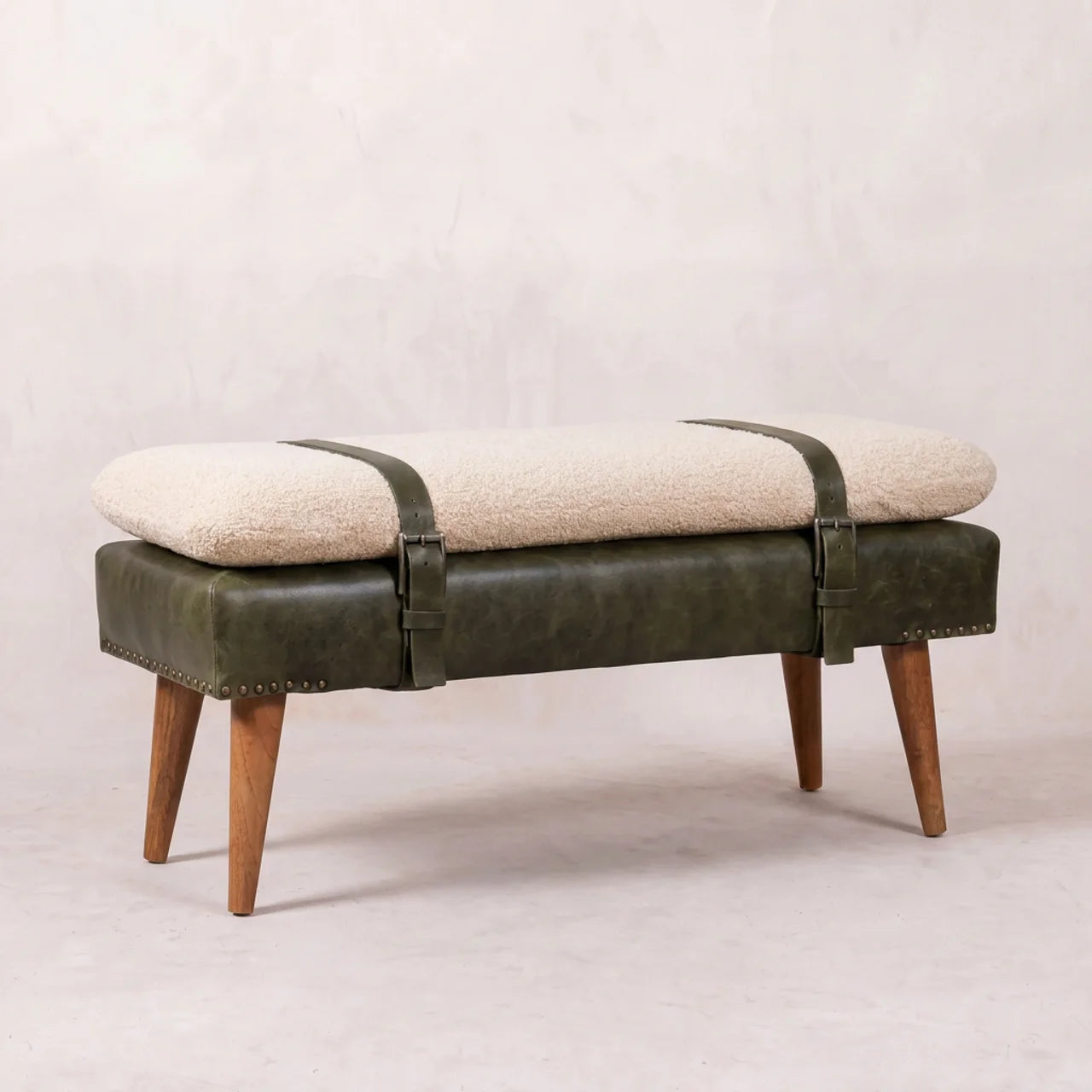 Bouclé Buffalo Hide Olive Green Leather Bench