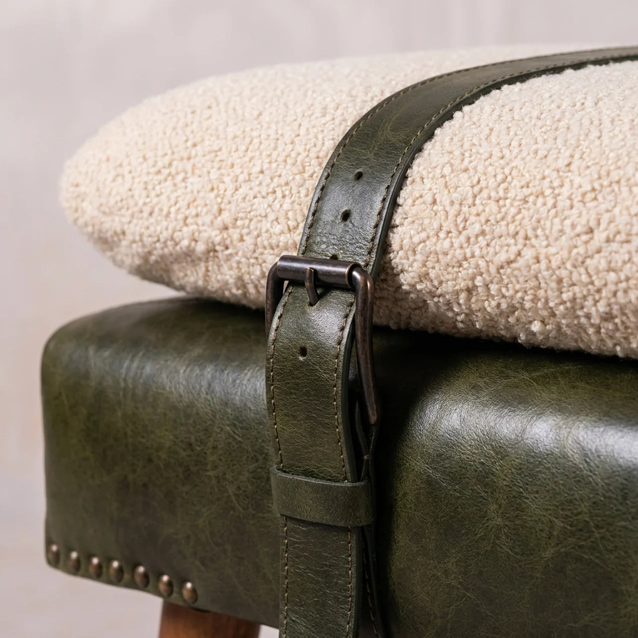 Bouclé Buffalo Hide Olive Green Leather Bench